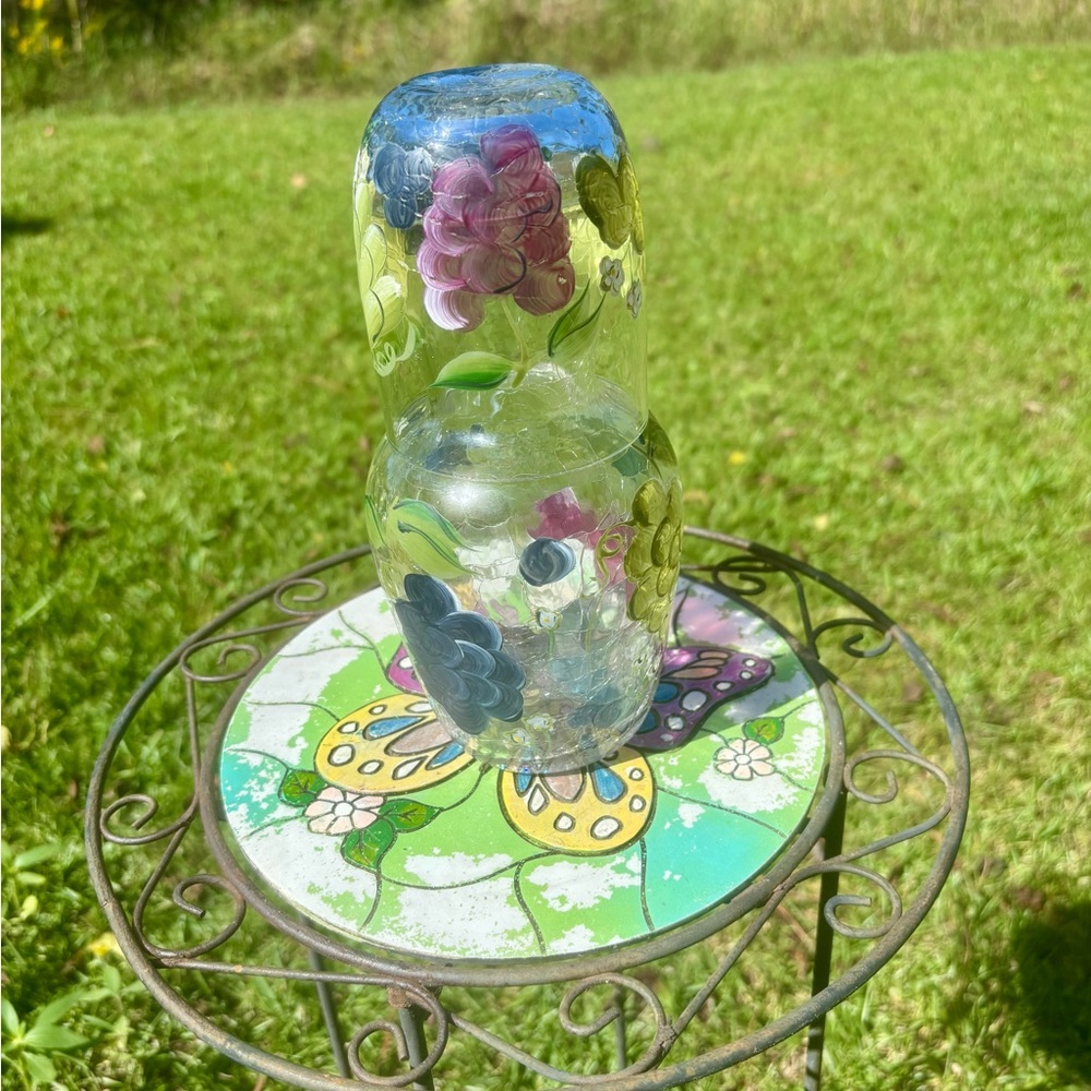 Crackle Glass Hand Painted Tumble Up Carafe Tumbler Set Grape Floral